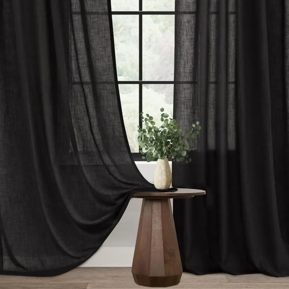 Brand New Nanspring Black Linen Semi-Sheer Light-Filtering Curtains – Set of 2
